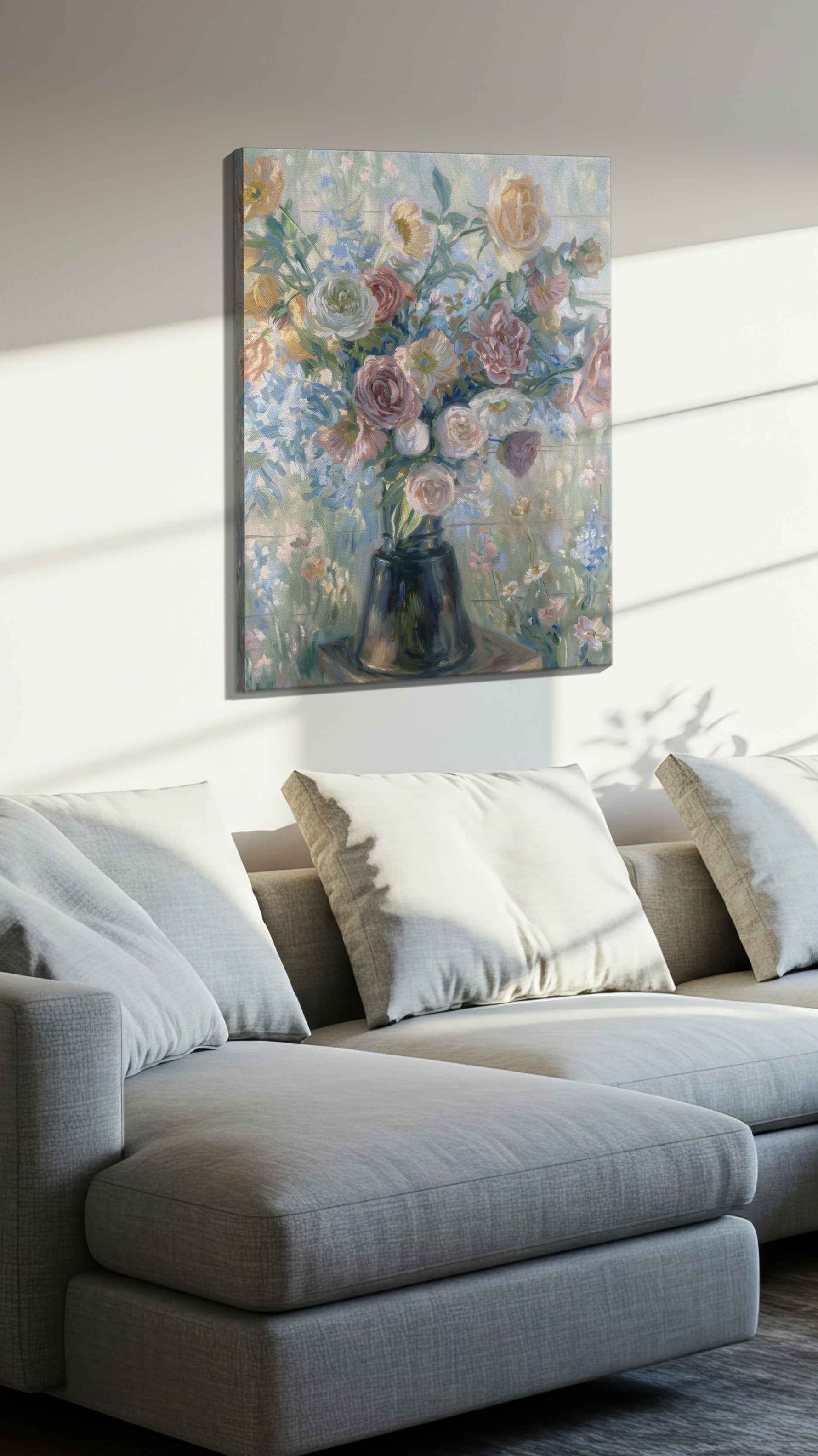 Whisperlight Garden Bouquet floral canvas print, displayed in a living room