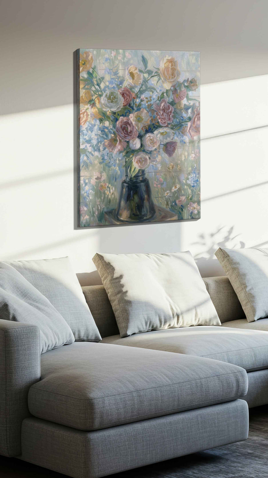 Whisperlight Garden Bouquet floral canvas print, displayed in a living room