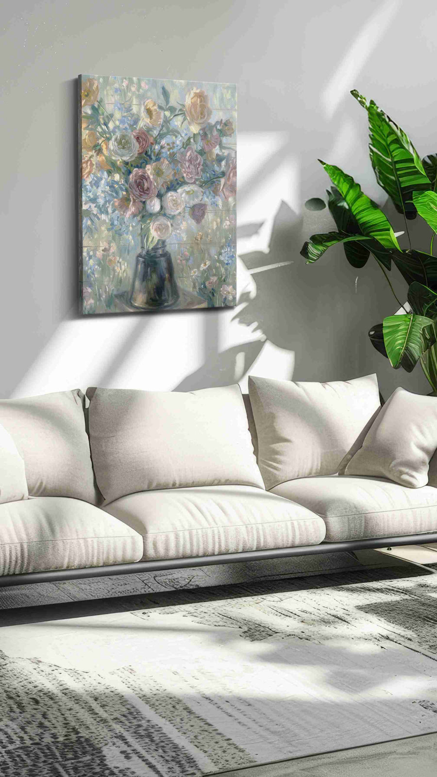 Whisperlight Garden Bouquet floral canvas print in a hung canvas mockup