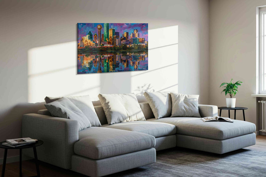 Amethyst Skyline Reverie landmarks canvas print, displayed in a living room