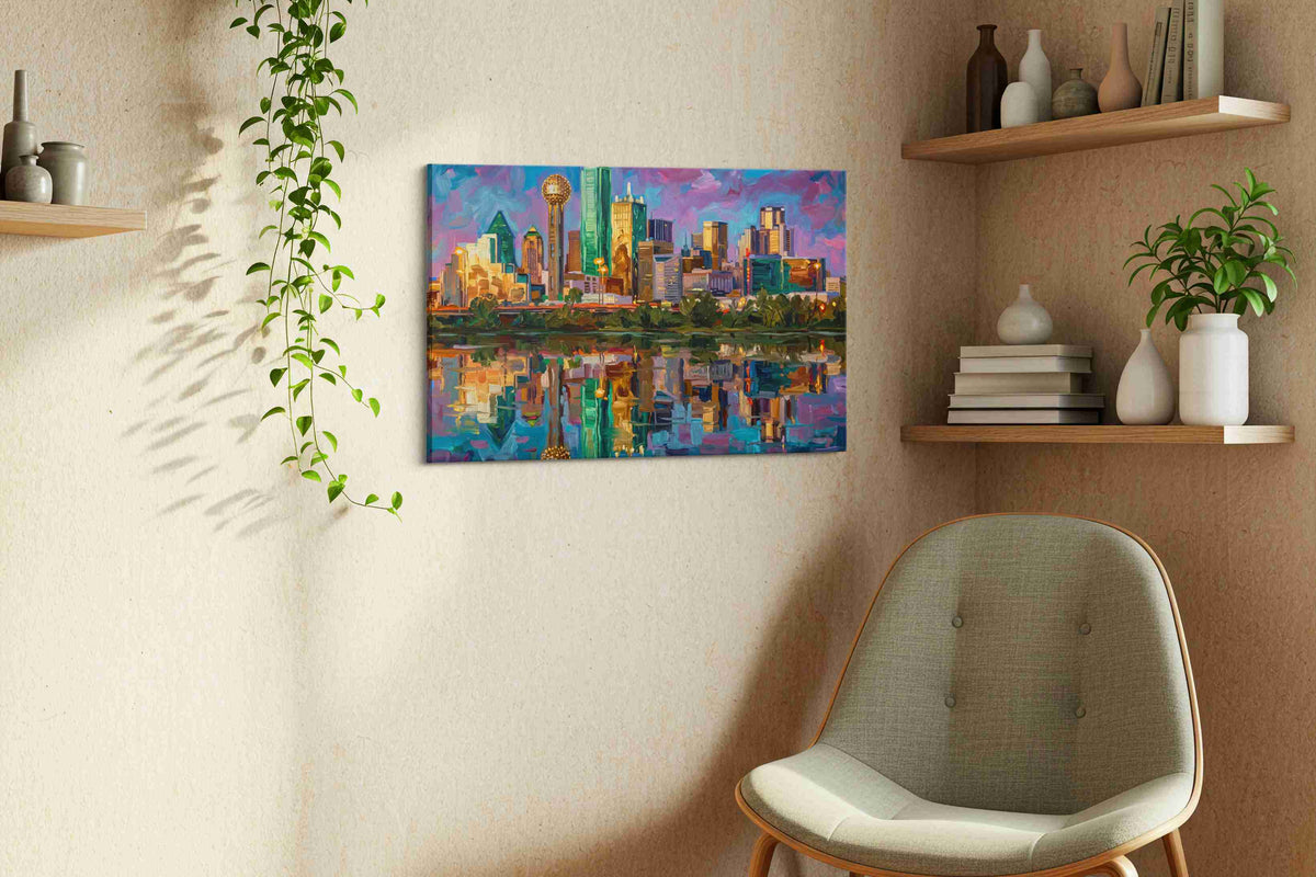 Amethyst Skyline Reverie landmarks canvas print styled in a living room