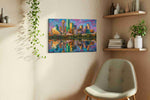 Amethyst Skyline Reverie landmarks canvas print styled in a living room