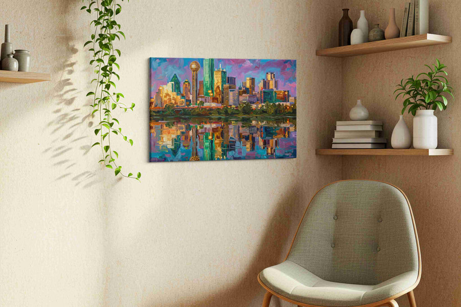 Amethyst Skyline Reverie landmarks canvas print styled in a living room