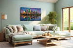 Amethyst Skyline Reverie landmarks canvas print, hanging on wall