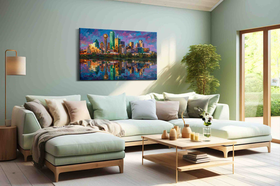 Amethyst Skyline Reverie landmarks canvas print, hanging on wall
