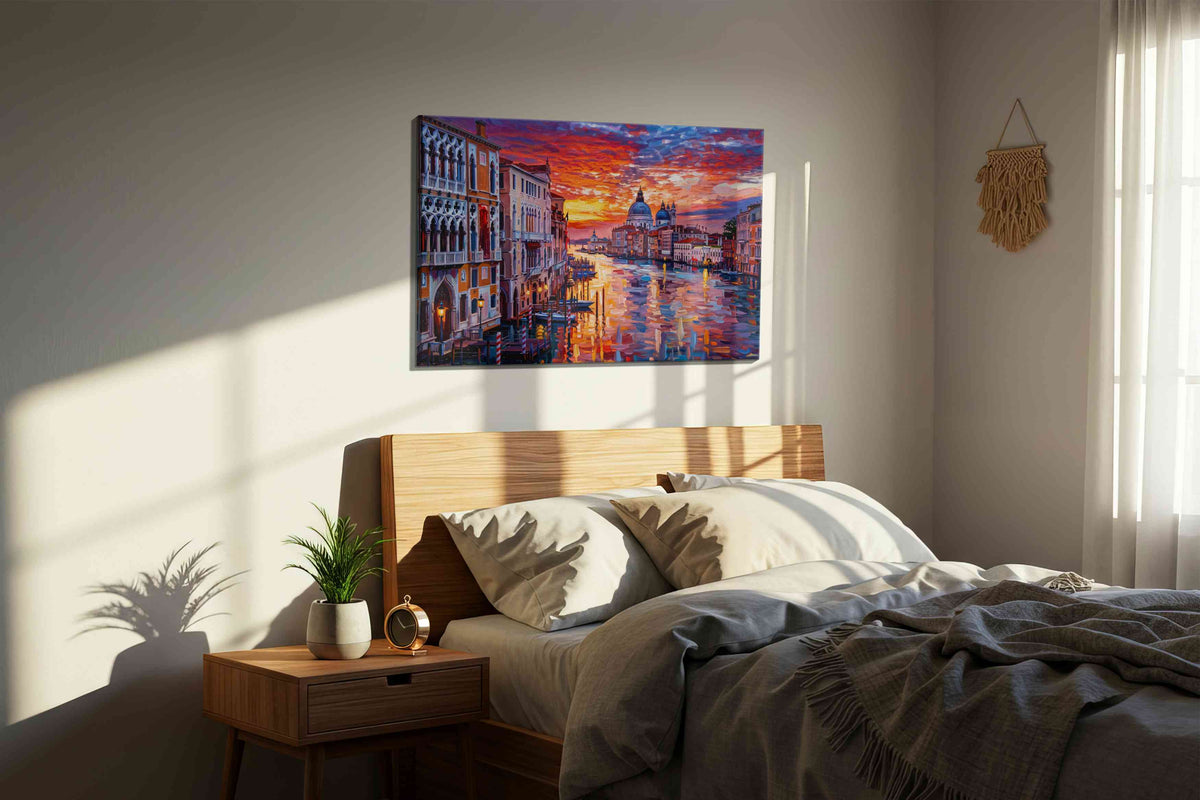 Ember Tide in Venice landmarks canvas print, displayed in a bedroom
