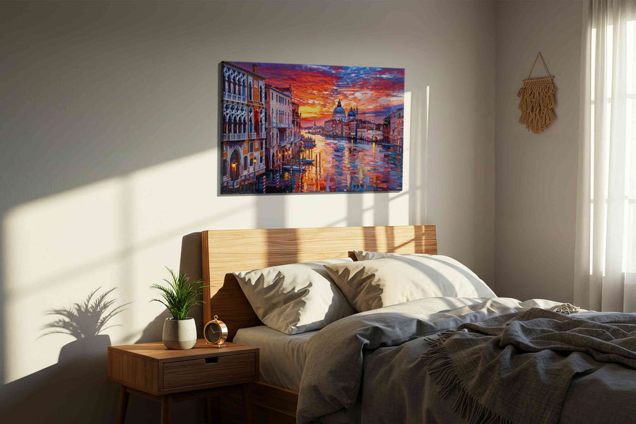 Ember Tide in Venice landmarks canvas print, displayed in a bedroom