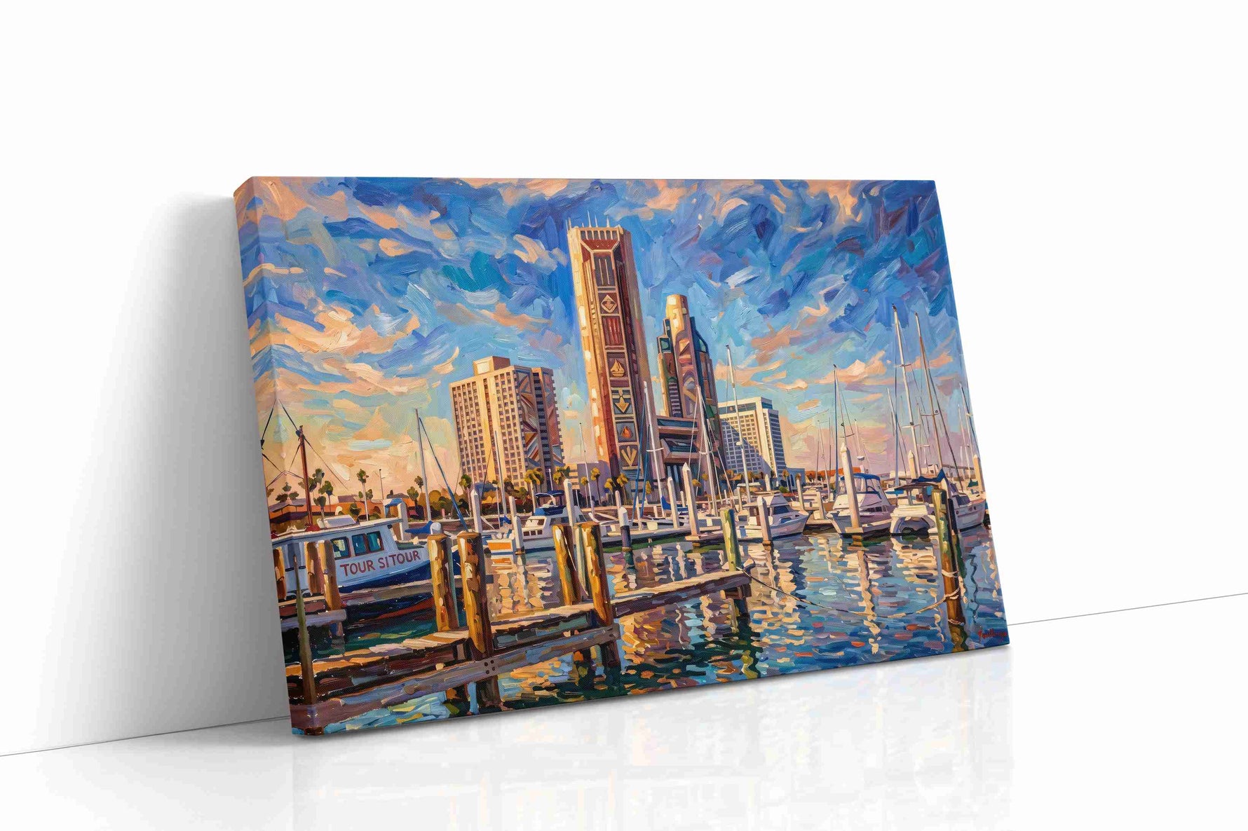 Marina of Painted Skies landmarks canvas print, gallery-wrapped, ready to hang