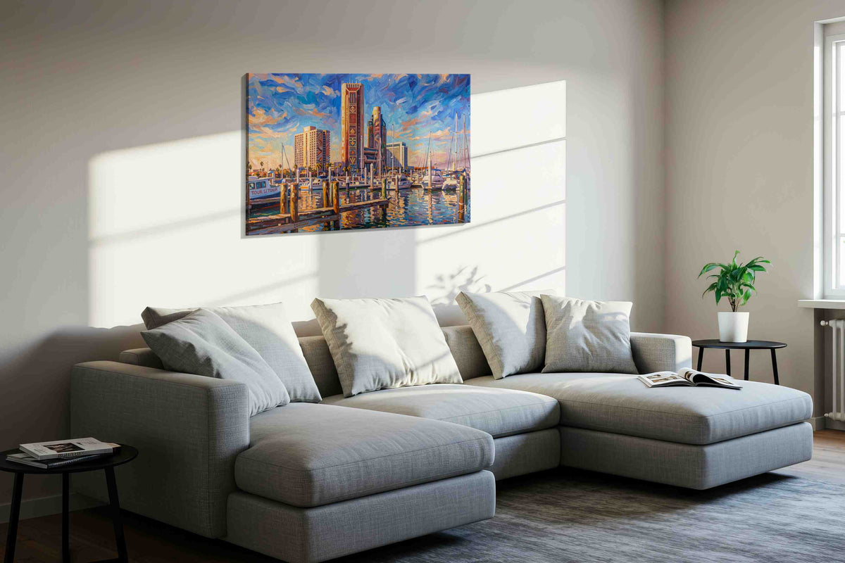 Marina of Painted Skies landmarks canvas print in a living room scene