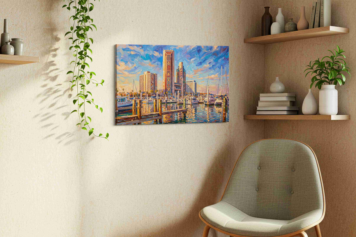 Marina of Painted Skies landmarks canvas print, displayed in a living room
