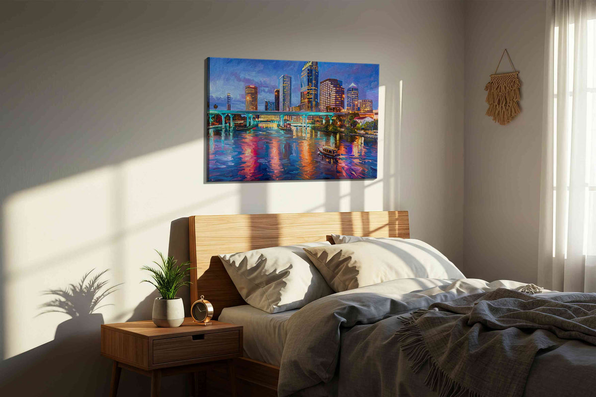 Neon Tides of the City landmarks canvas print, displayed in a bedroom
