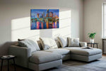 Neon Tides of the City landmarks canvas print, displayed in a living room