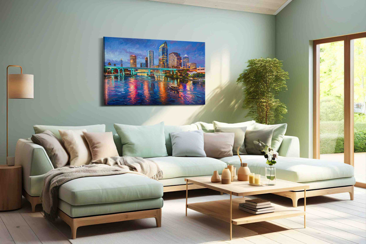 Neon Tides of the City landmarks canvas print, hanging on wall