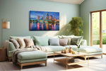 Neon Tides of the City landmarks canvas print, hanging on wall