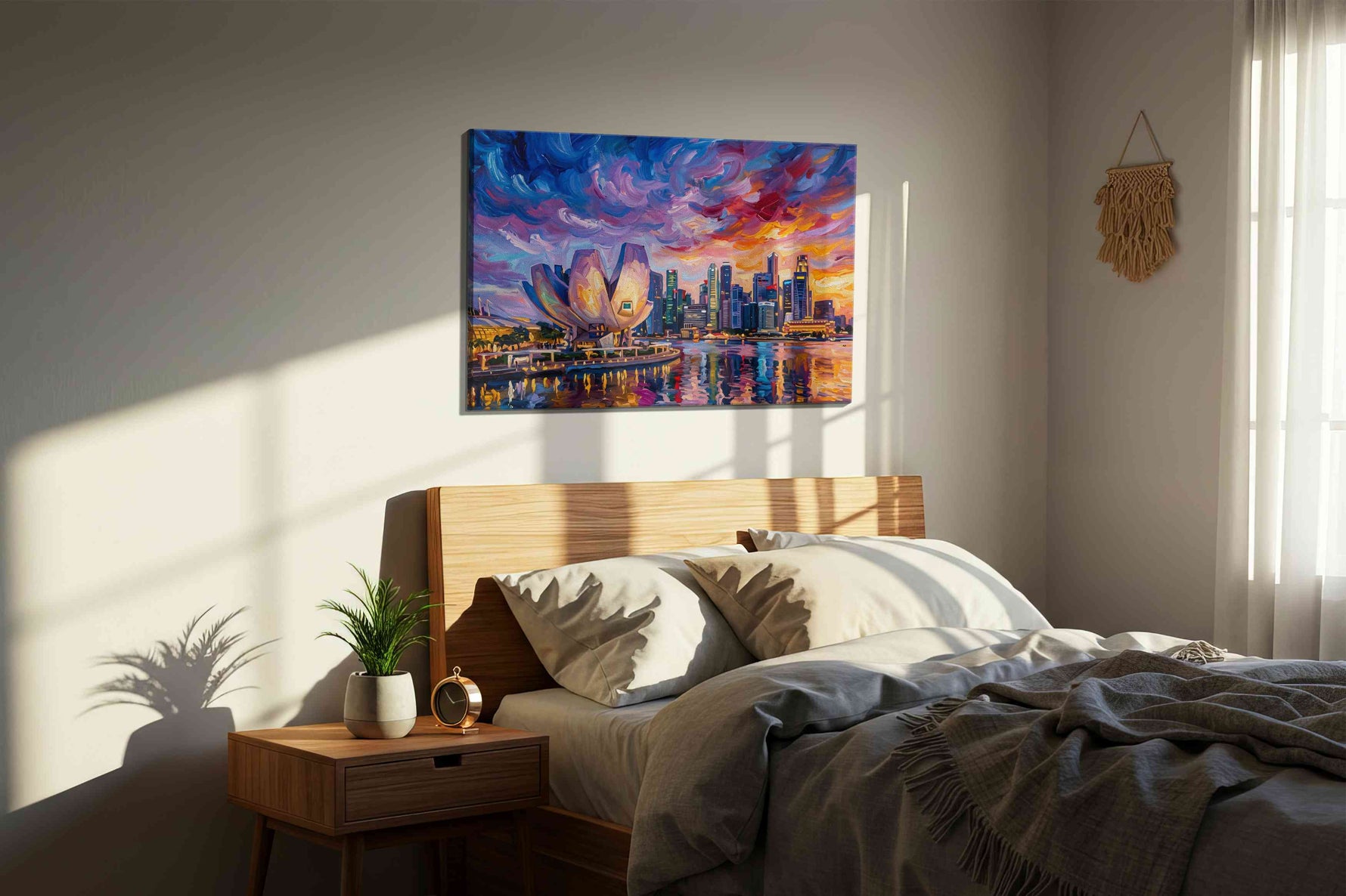 Orchid Skies Over Marina Bay landmarks canvas print, displayed in a bedroom