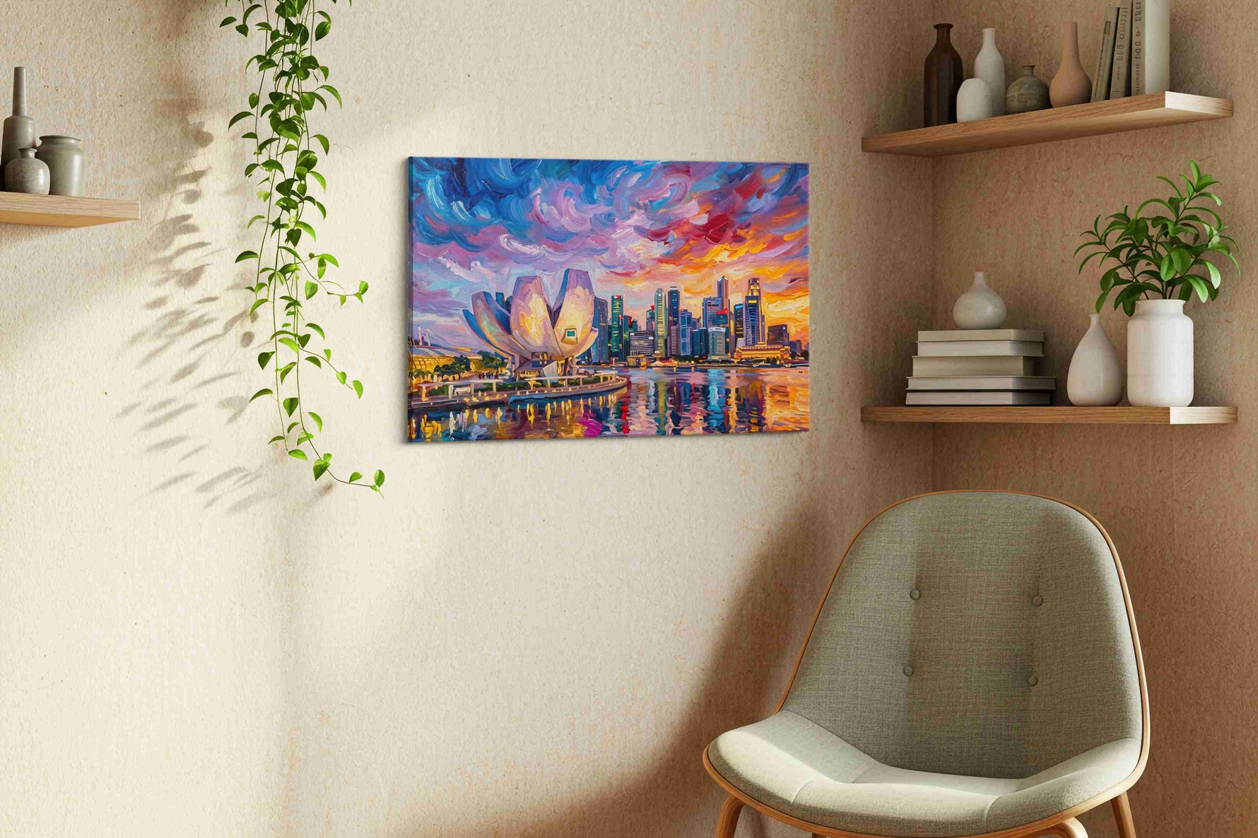 Orchid Skies Over Marina Bay landmarks canvas print, hanging on wall — view 2