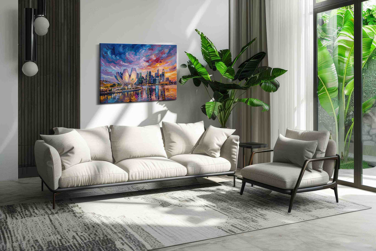 Orchid Skies Over Marina Bay landmarks canvas print in a hung canvas mockup