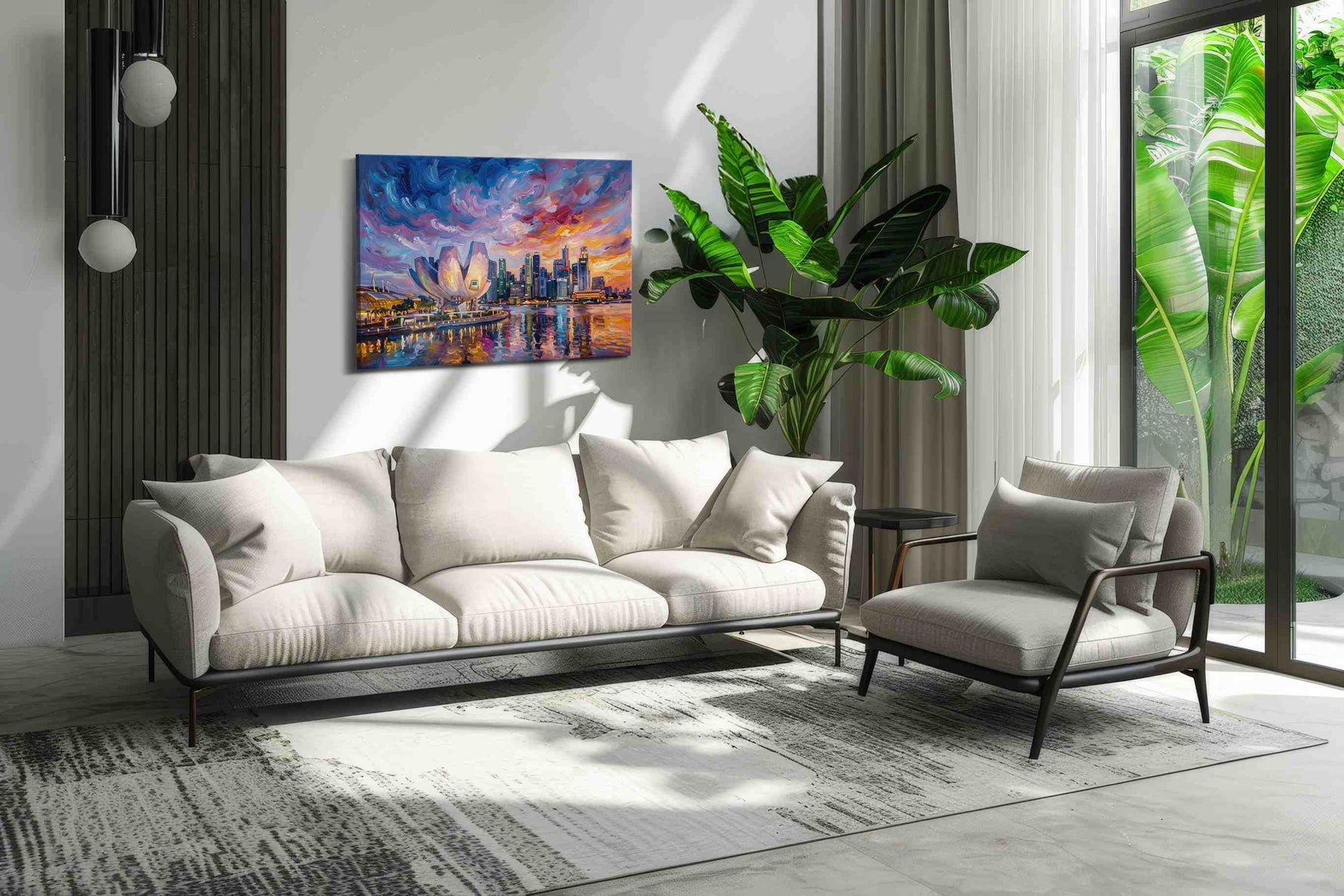 Orchid Skies Over Marina Bay landmarks canvas print in a hung canvas mockup