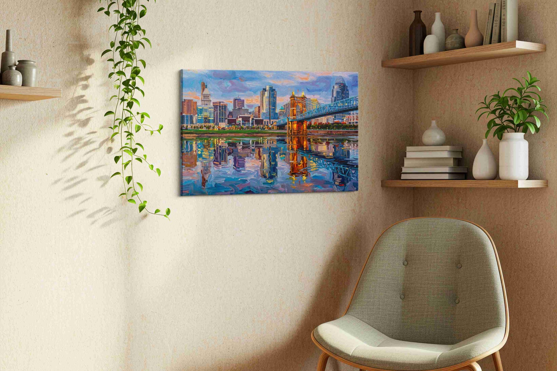 Twilight Over the Roebling landmarks canvas print, displayed in a living room