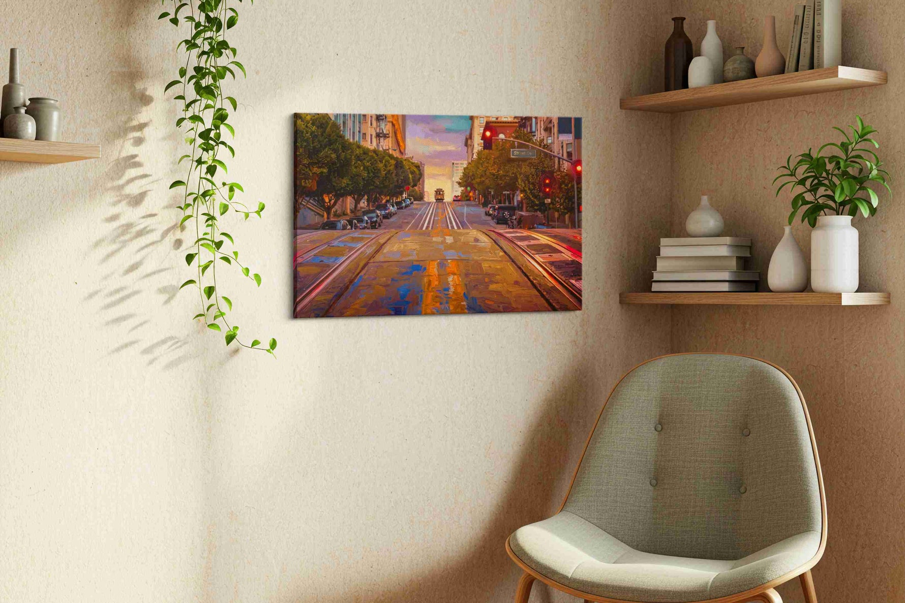 Twilight on Steel Rails landmarks canvas print styled in a living room