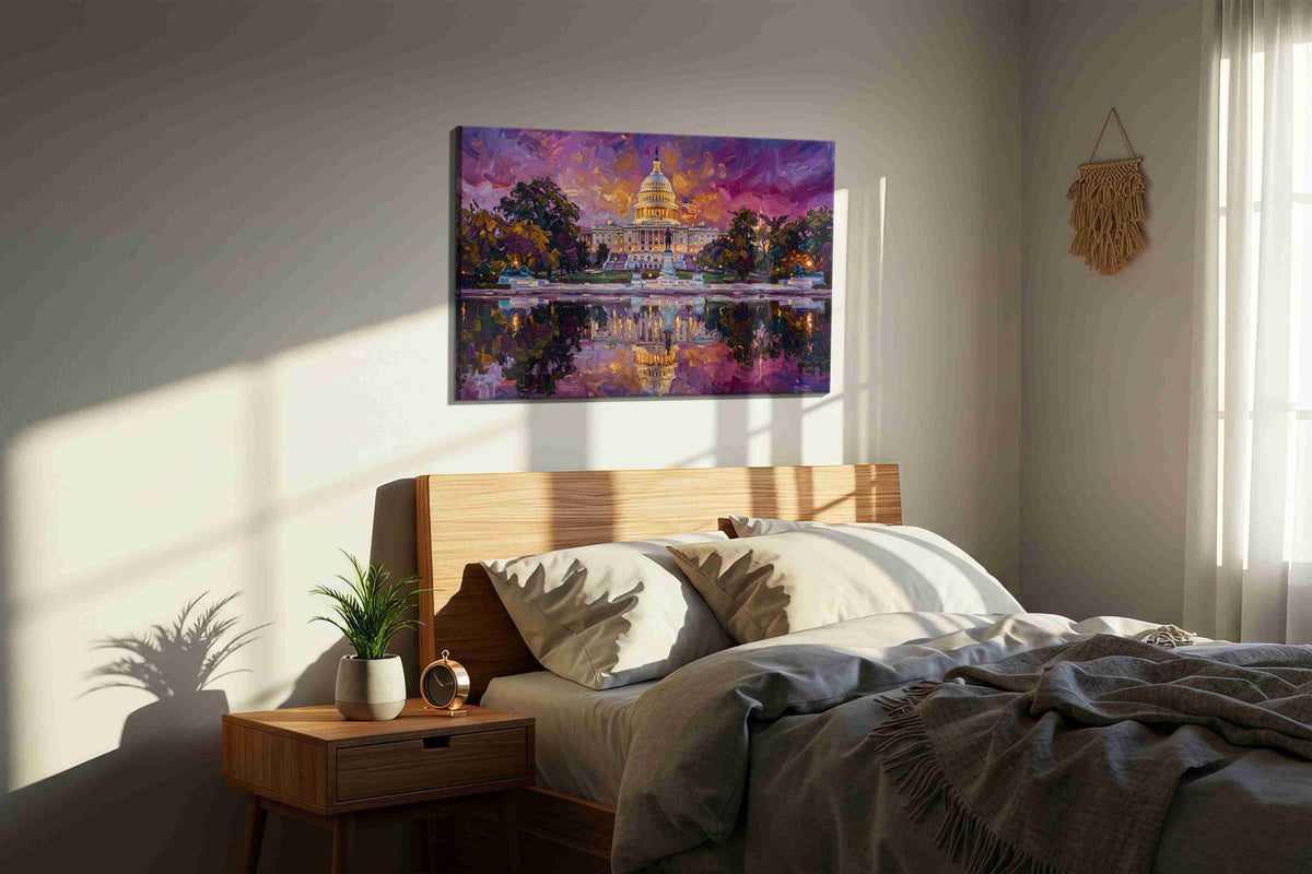 Violet Reverie on Capitol Lake landmarks canvas print, displayed in a bedroom