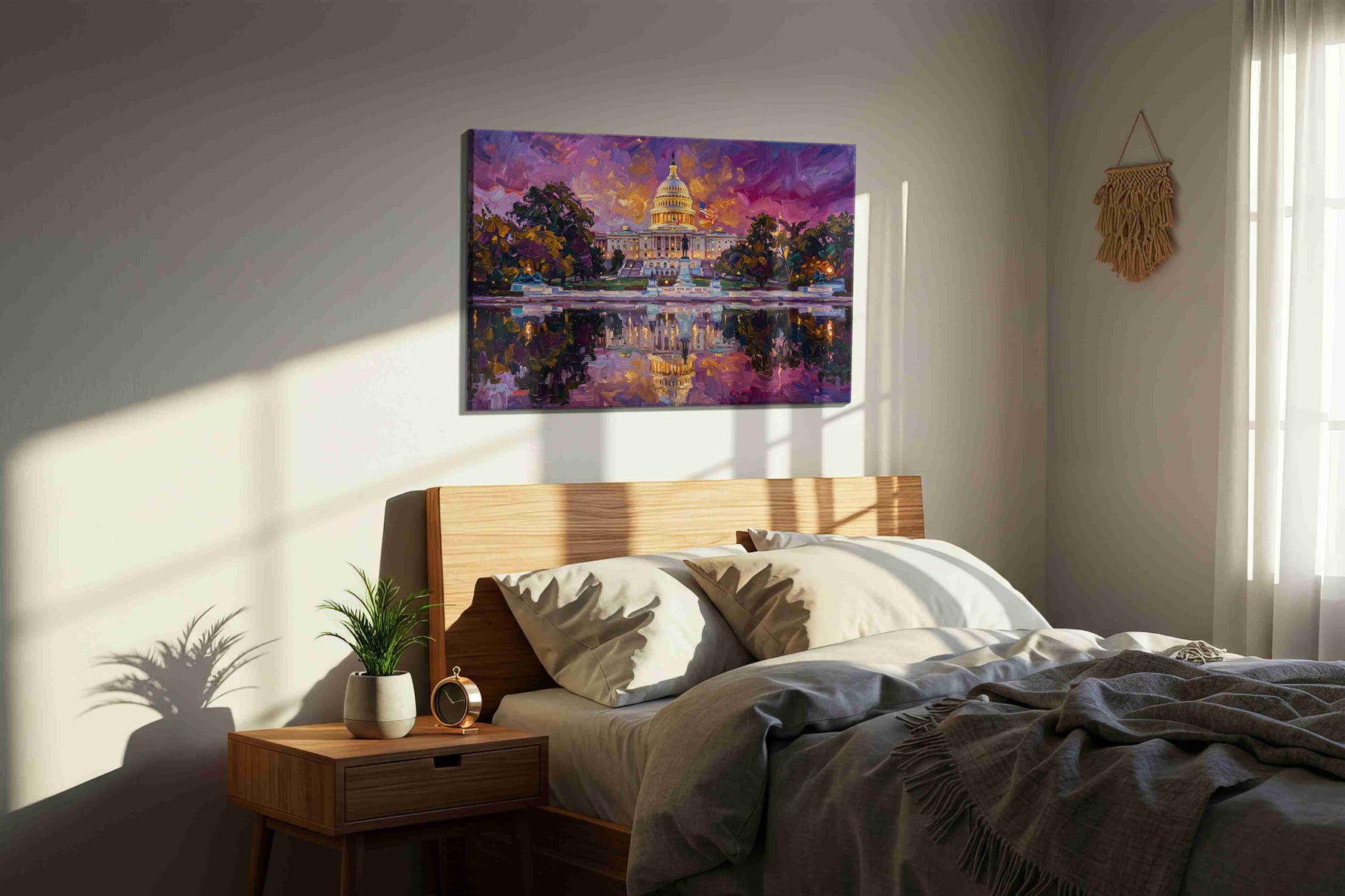 Violet Reverie on Capitol Lake landmarks canvas print, displayed in a bedroom
