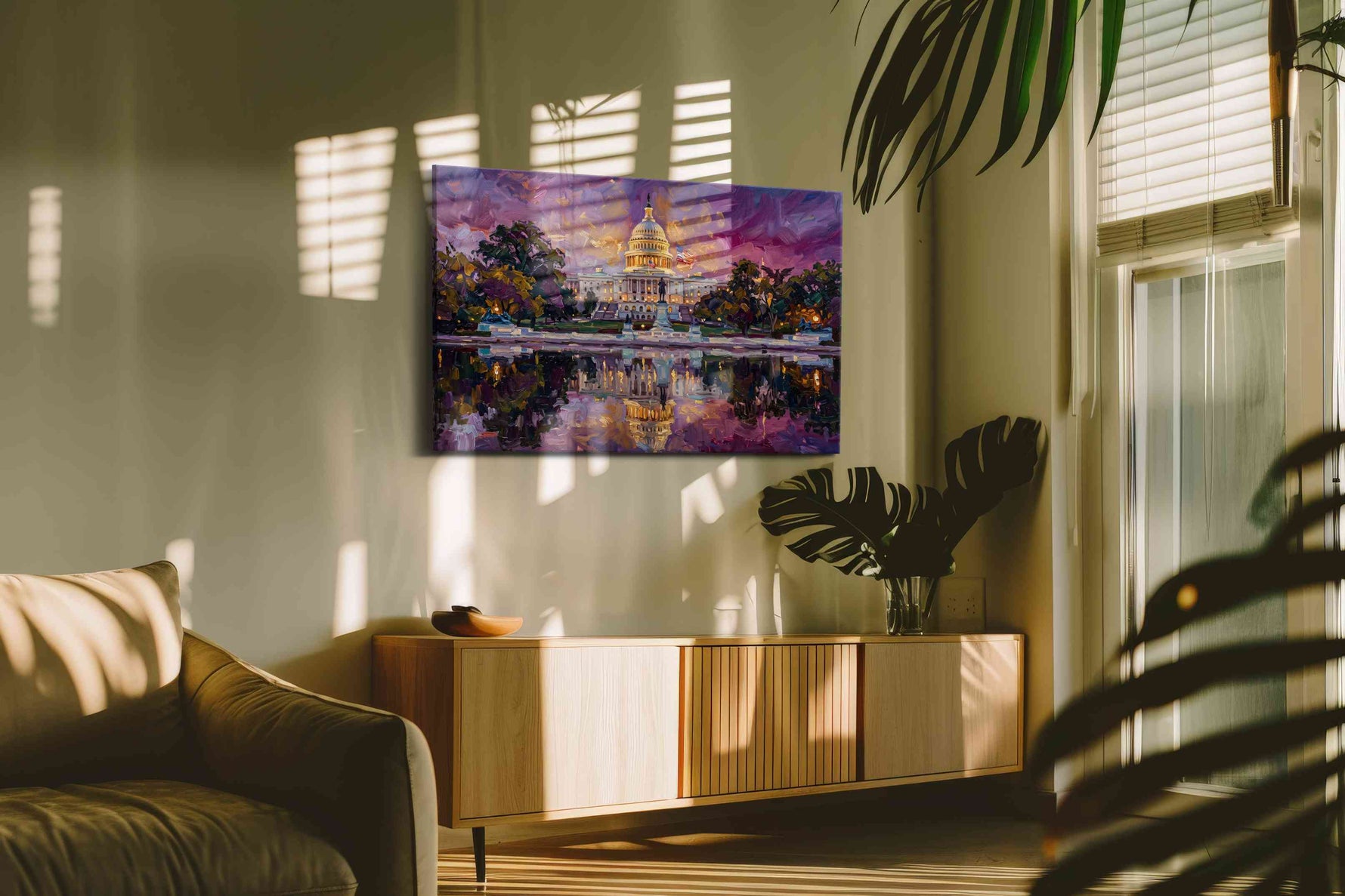 Violet Reverie on Capitol Lake landmarks canvas print in a hung canvas mockup
