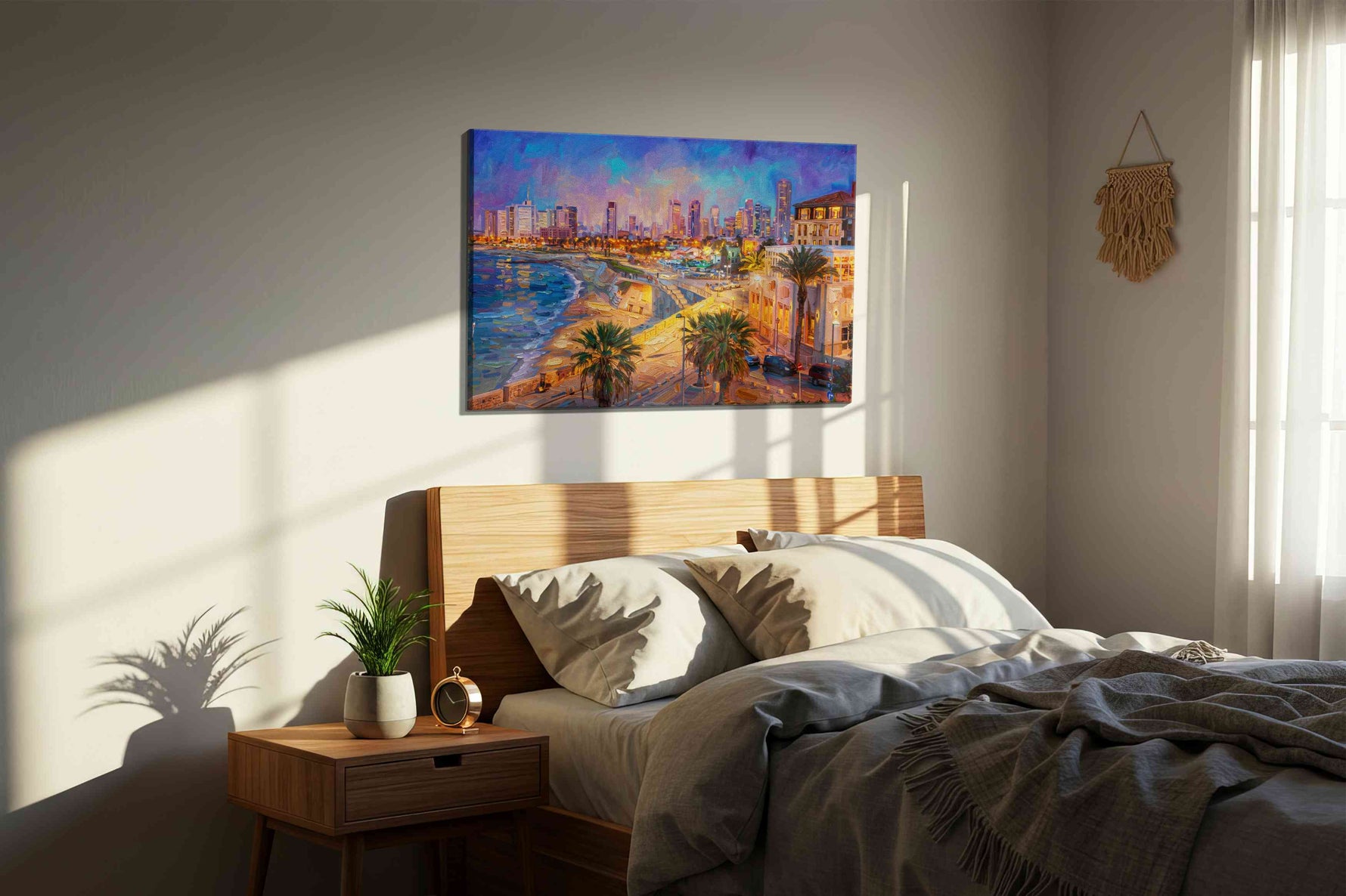Violet Tide, Golden City landmarks canvas print, displayed in a bedroom