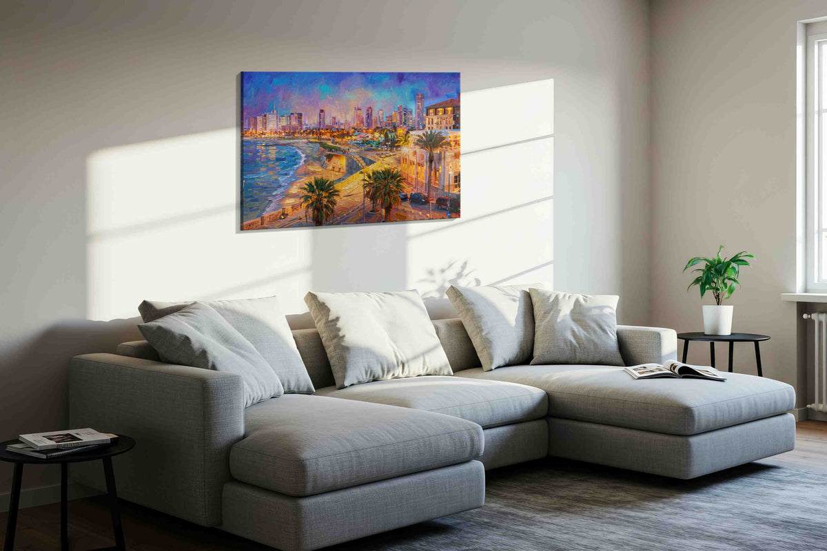 Violet Tide, Golden City landmarks canvas print in a living room scene