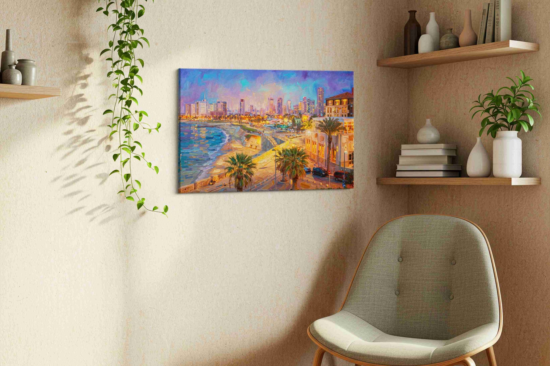 Violet Tide, Golden City landmarks canvas print, displayed in a living room