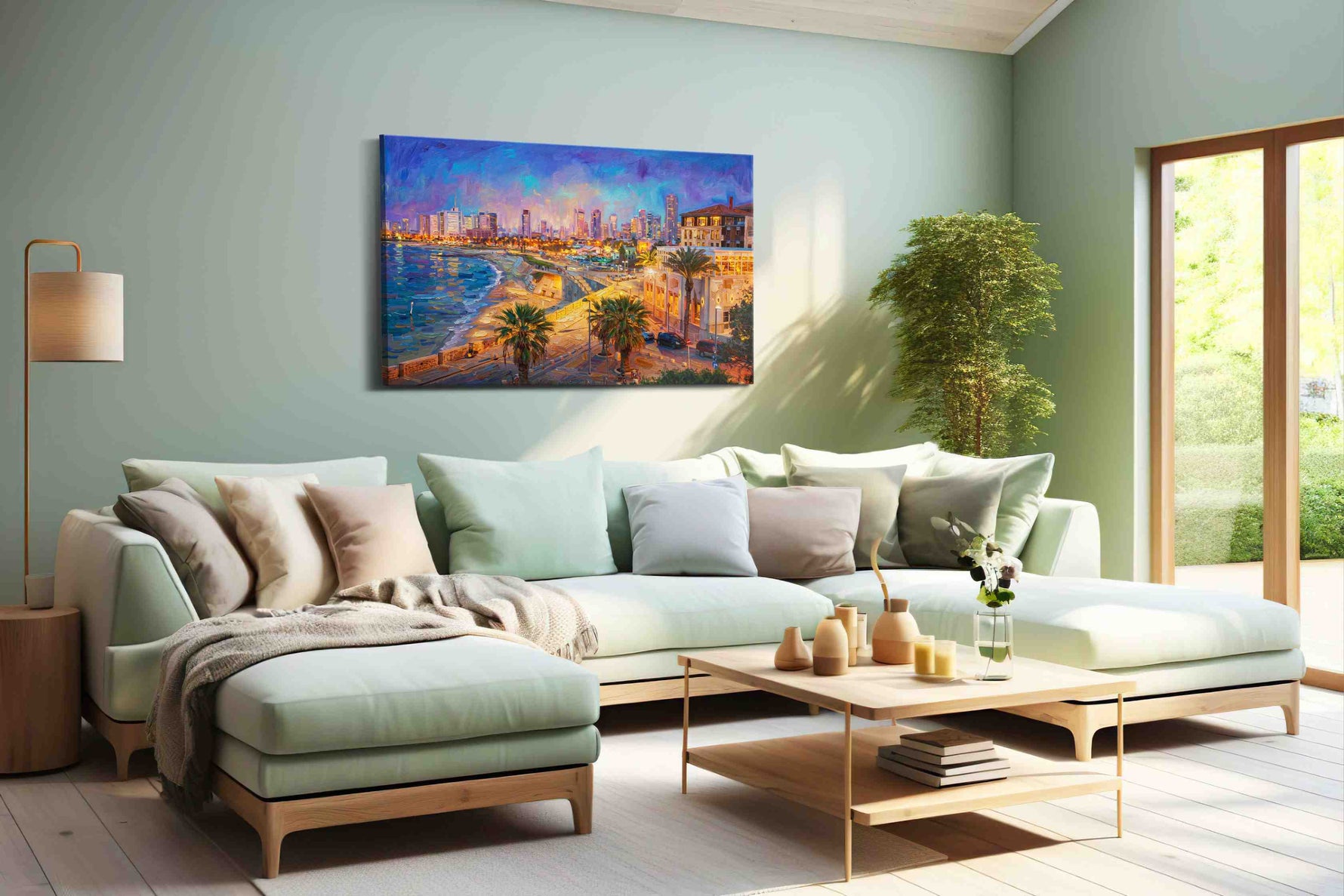 Violet Tide, Golden City landmarks canvas print, hanging on wall