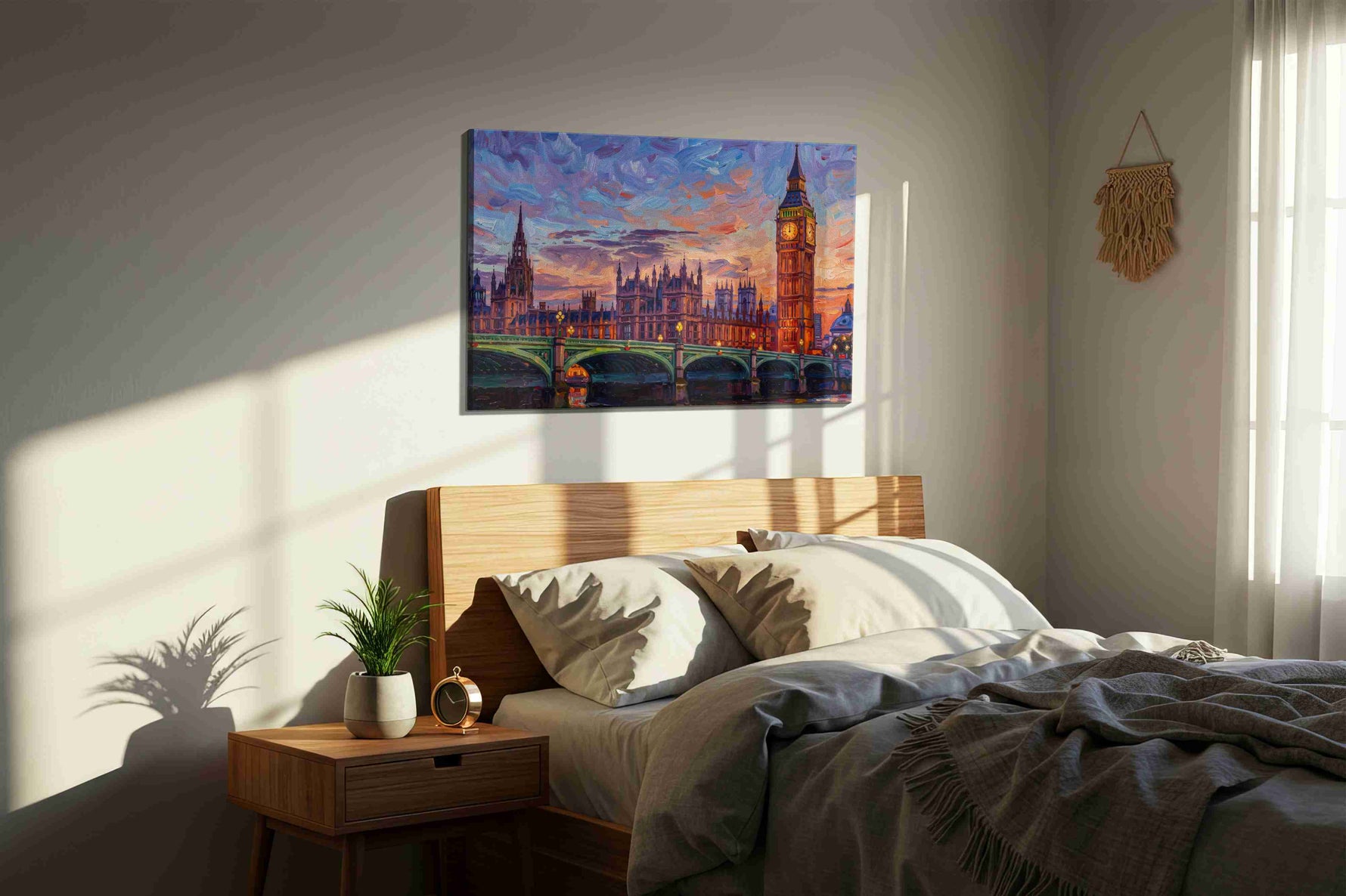 Westminster in Lavender Fire landmarks canvas print, displayed in a bedroom