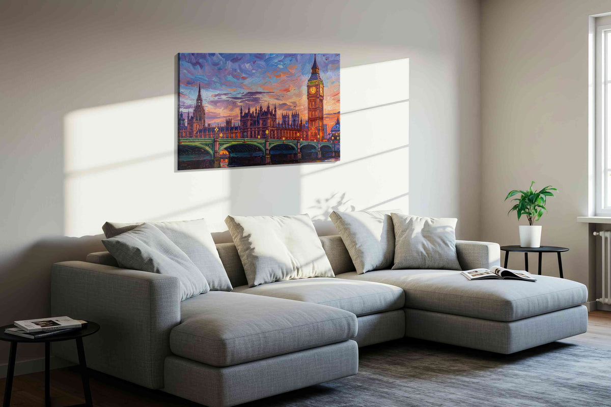Westminster in Lavender Fire landmarks canvas print, displayed in a living room