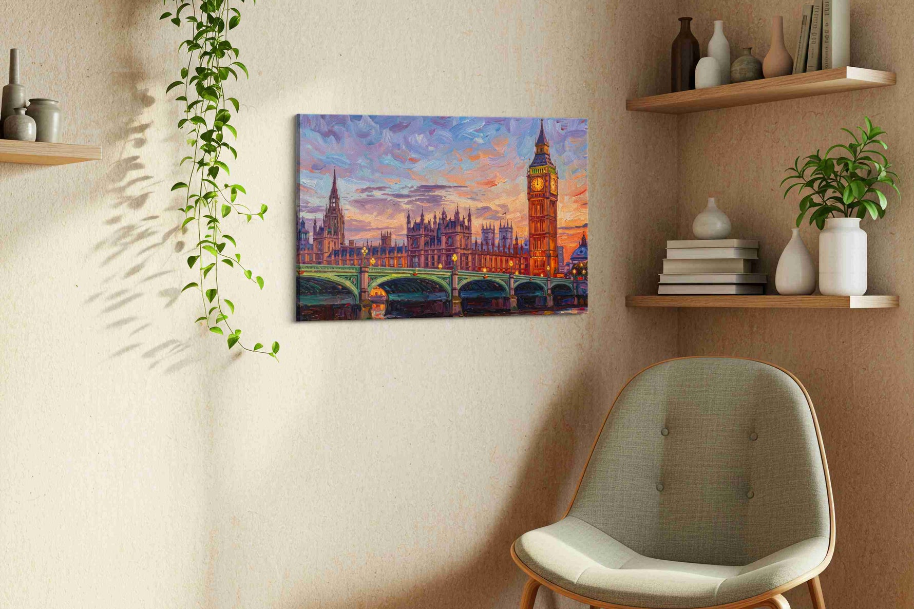 Westminster in Lavender Fire landmarks canvas print, hanging on wall — view 3