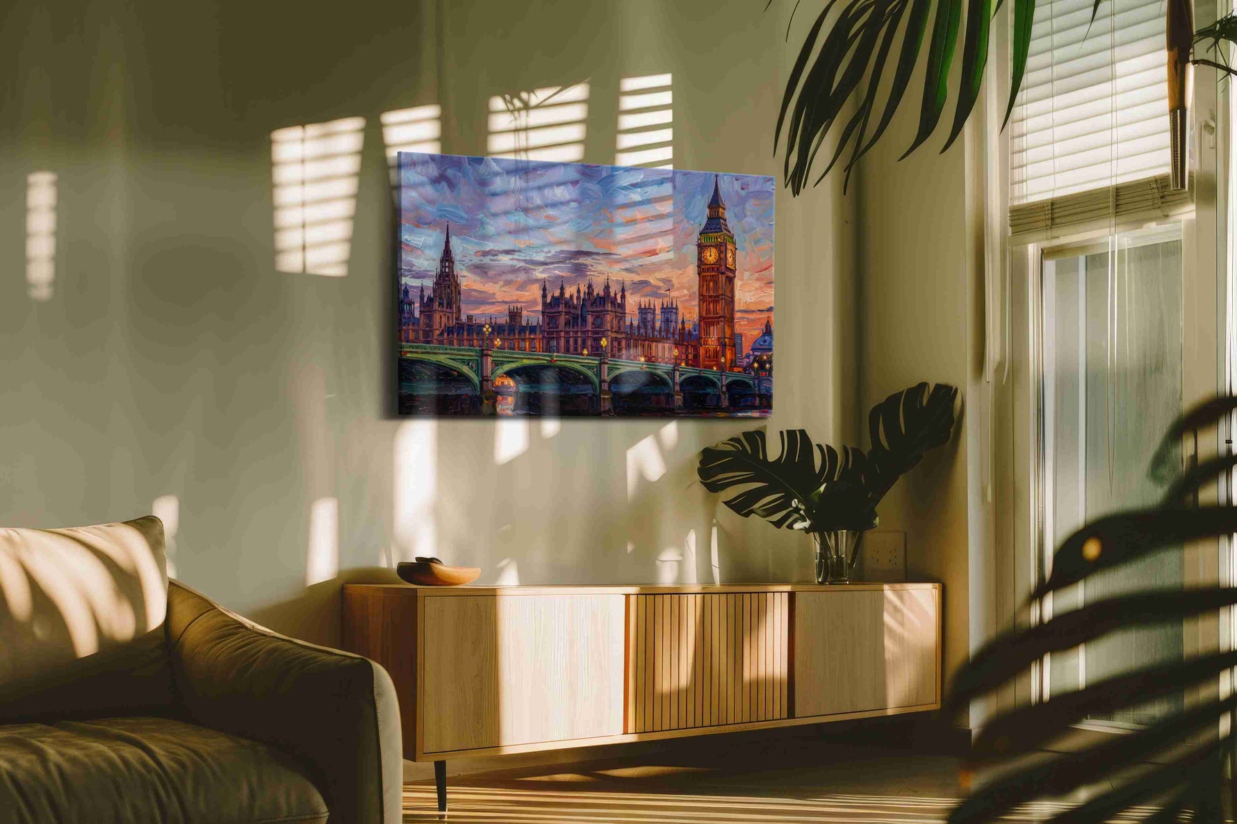 Westminster in Lavender Fire landmarks canvas print in a hung canvas mockup