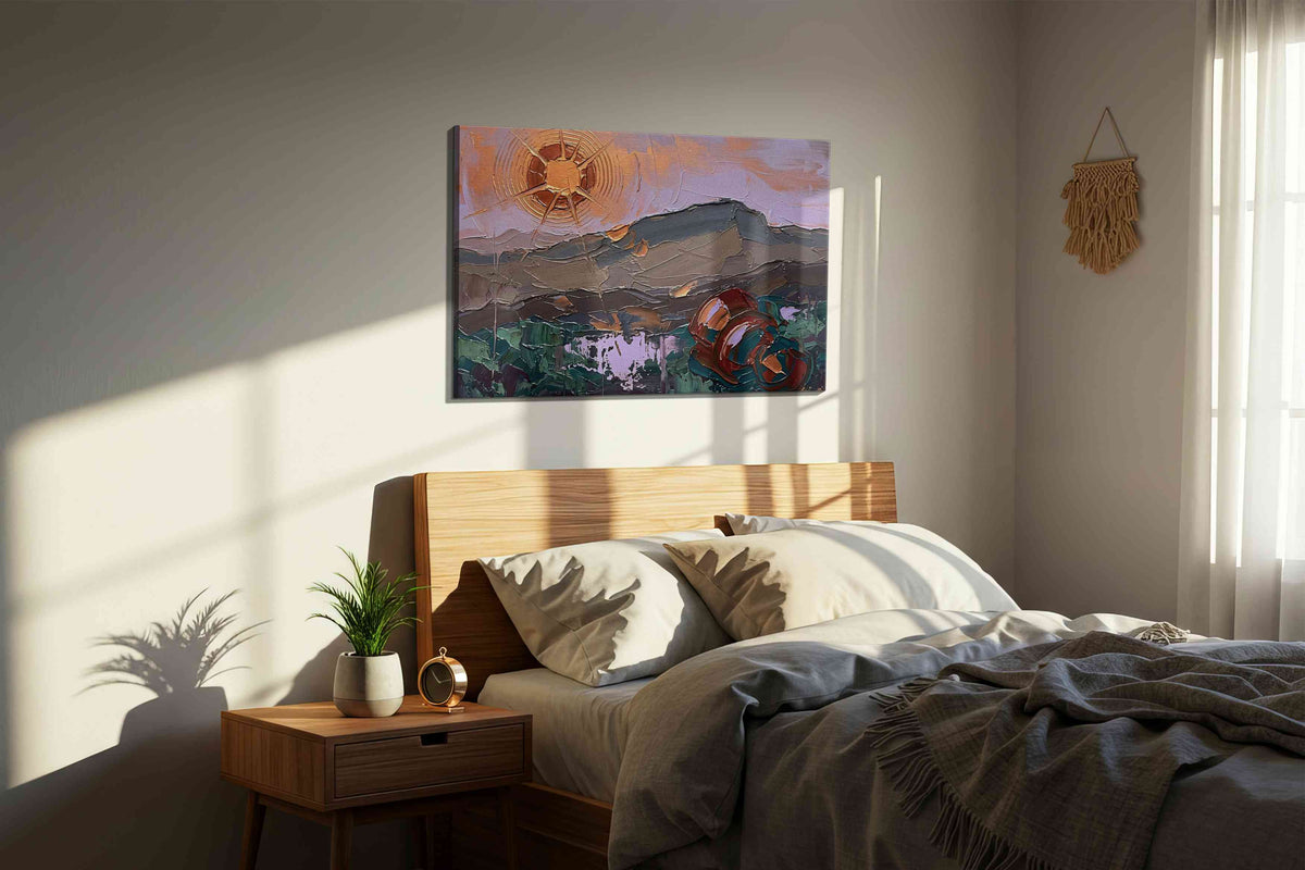 Copper Sun Over Velvet Hills landscape canvas print, displayed in a bedroom