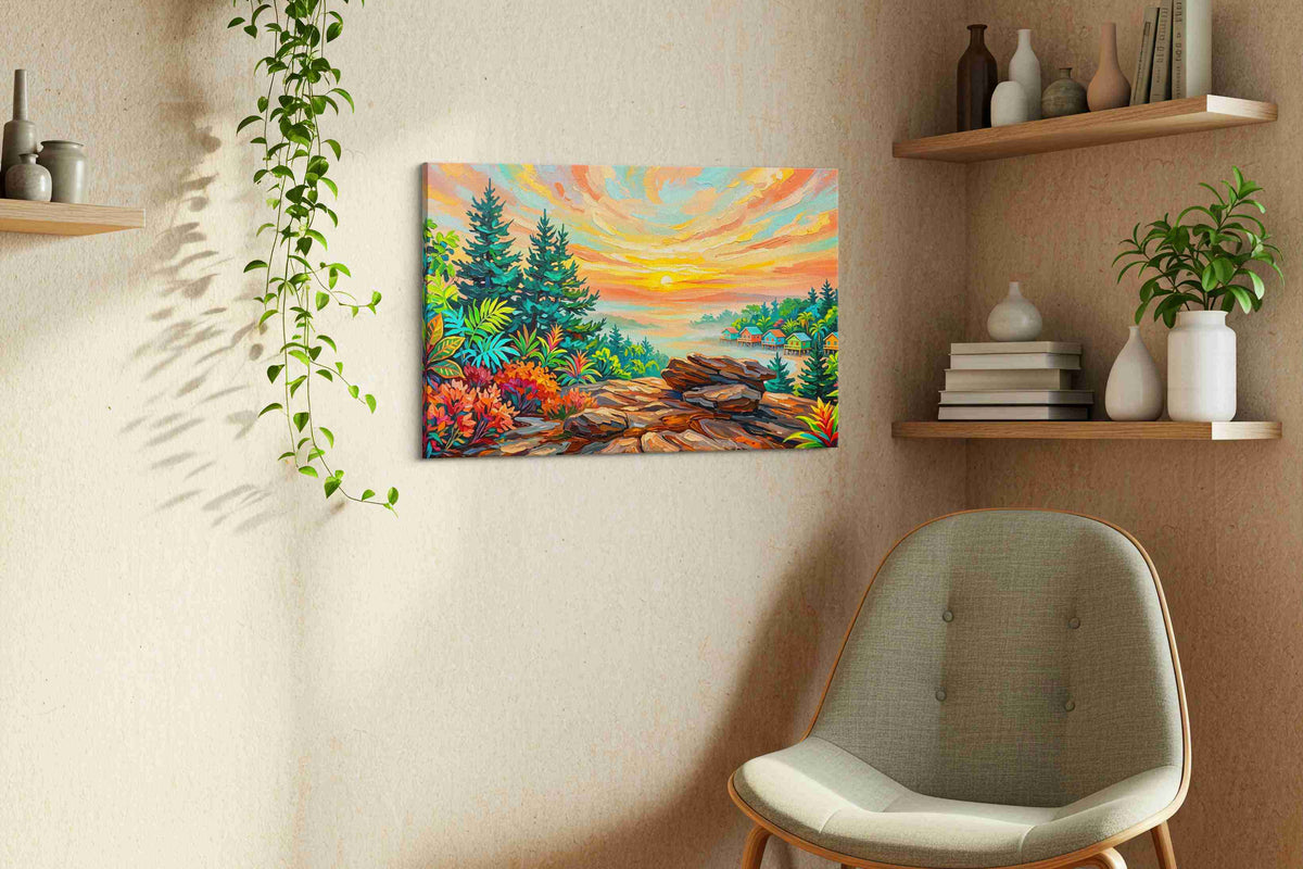 Ember Sky Over Quiet Palms landscape canvas print styled in a living room