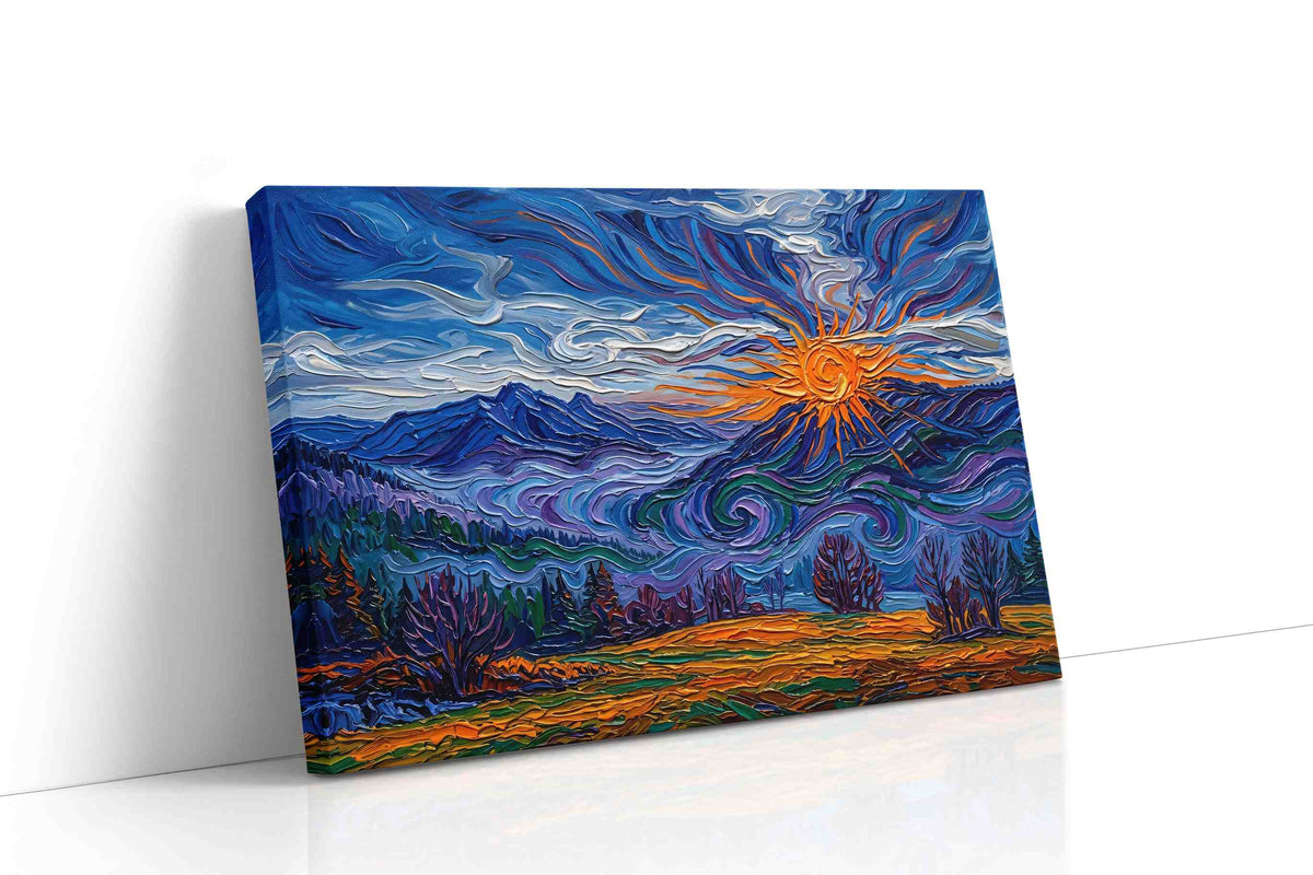 Ember Sun Over Cobalt Peaks landscape canvas print gallery-wrapped landscape canvas studio shot