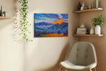 Ember Sun Over Cobalt Peaks landscape canvas print, hanging on wall