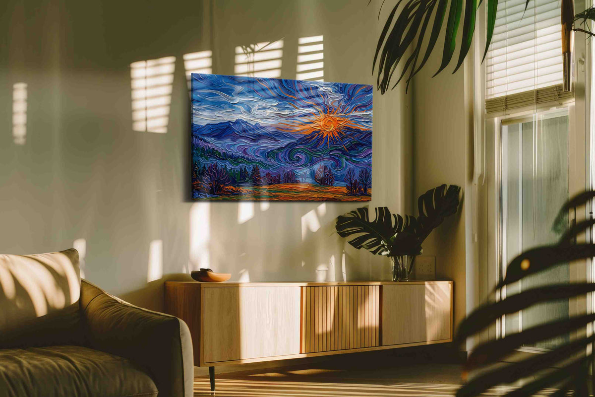 Ember Sun Over Cobalt Peaks landscape canvas print in a hung canvas mockup