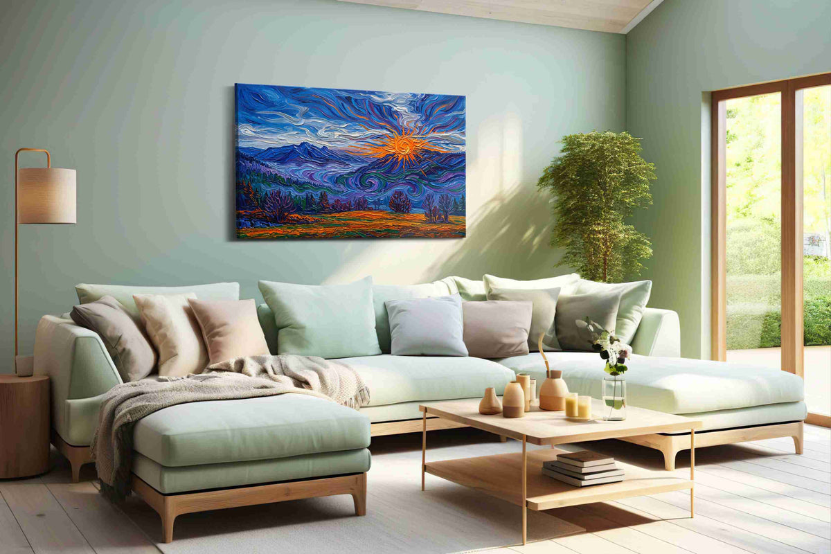 Ember Sun Over Cobalt Peaks landscape canvas print shown in a wall scene