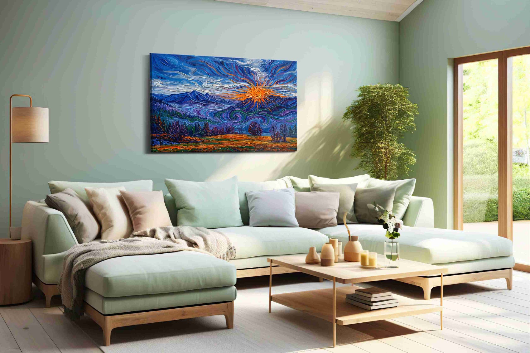 Ember Sun Over Cobalt Peaks landscape canvas print shown in a wall scene