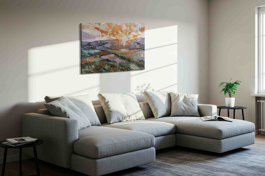 Gilded Break of Day landscape canvas print, displayed in a living room