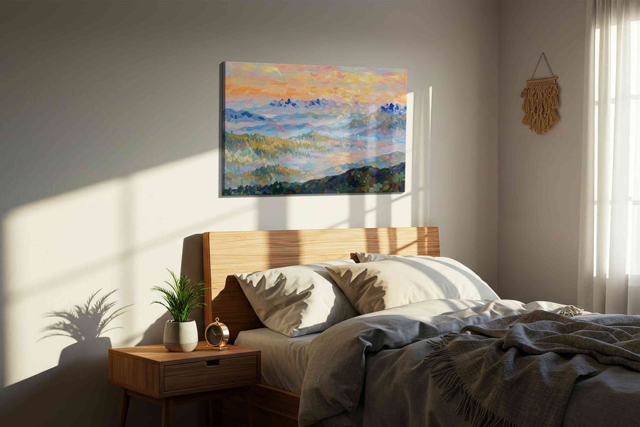 Gilded Dawn Over Blue Peaks landscape canvas print, displayed in a bedroom