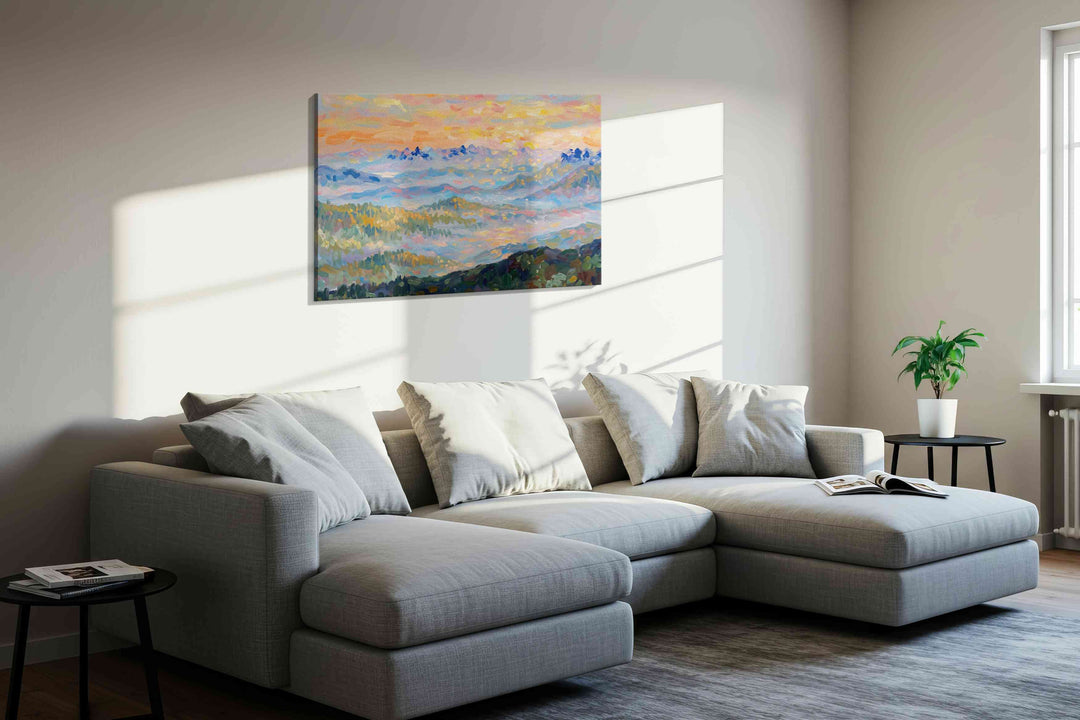 Gilded Dawn Over Blue Peaks - Landscape Canvas Print, Scenic Wall Art, Nature Canvas Art