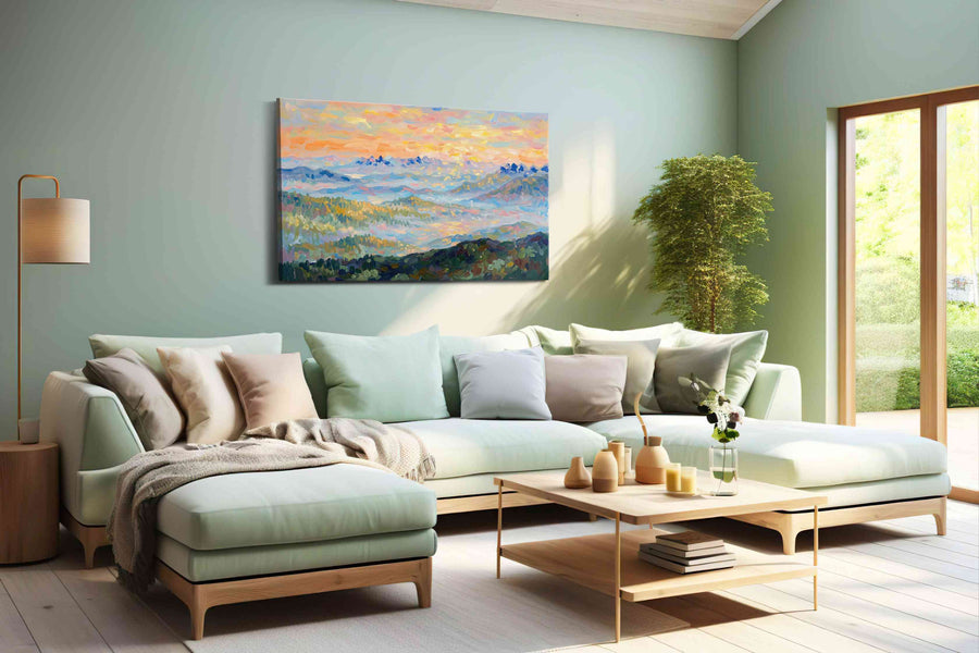 Gilded Dawn Over Blue Peaks landscape canvas print, hanging on wall