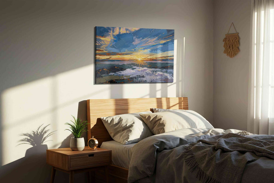 Gilded Tidebreak Dawn landscape canvas print, displayed in a bedroom