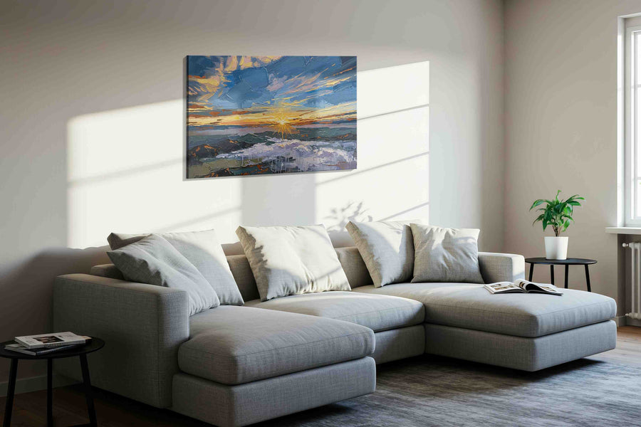 Gilded Tidebreak Dawn landscape canvas print, displayed in a living room