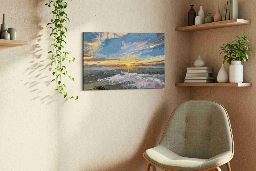 Gilded Tidebreak Dawn landscape canvas print styled in a living room
