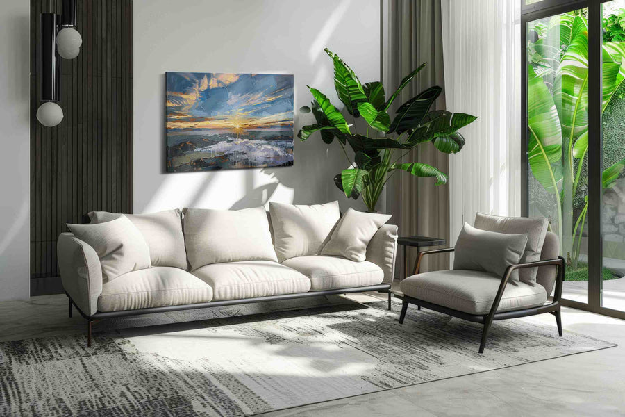 Gilded Tidebreak Dawn landscape canvas print, on wall, lifestyle preview